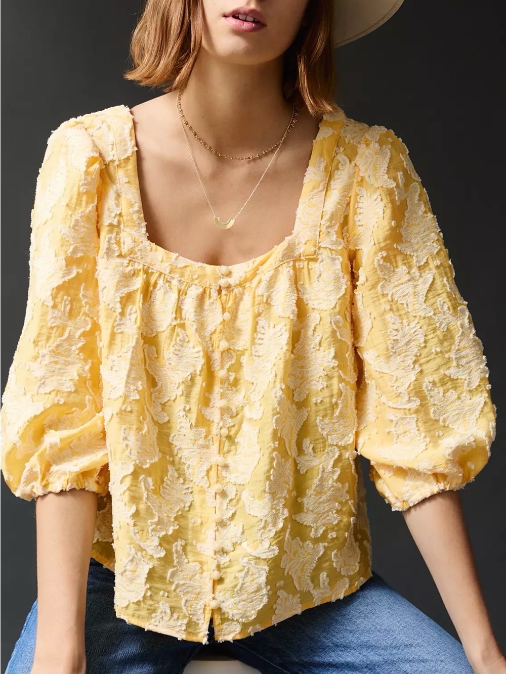 Anthropologie Yellow Yvonne Textured Puff-Sleeve Button-down Blouse in Size M